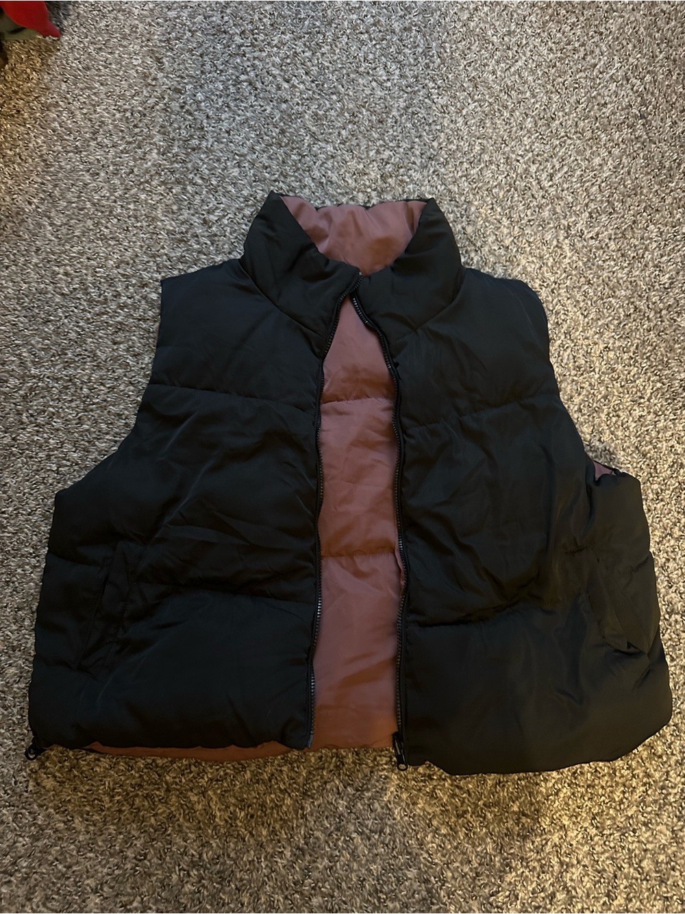 Thread & Supply Black Reversible Puffer Vest with Mauve Lining